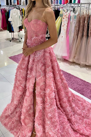 Romantic Pink A-Line Sweetheart Long Tulle Prom Dress With 3D Flowers