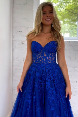 Royal Blue A-Line Sweetheart Long Tulle Prom Dress With Appliques
