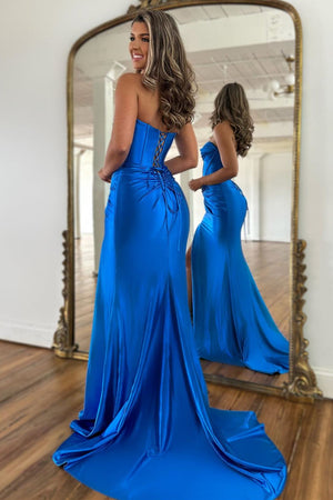 Royal Blue Strapless Lace Up Long Mermaid Satin Prom Dress With Split