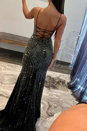 Sexy Black Gorgeous Mermaid Spaghetti Straps Long beaded Prom Dress With Split