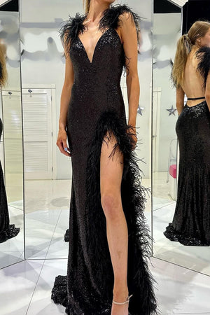 Sexy Black V-Neck Long Mermaid Sequin Prom Dress With Feather And Split
