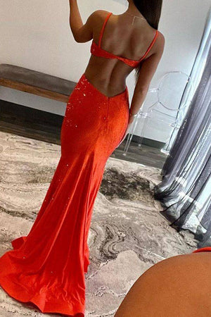 Sexy Mermaid Spaghetti Straps Cutout Waist Long beaded Prom Dress