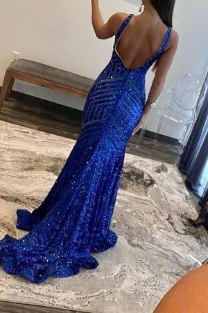 Sexy Royal Blue Deep V-Neck Long Mermaid Sequin Prom Dress