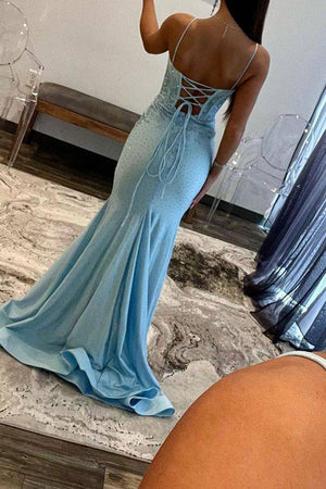 Shinny Light Blue Mermaid Spaghetti Straps Long Prom Dress With Split