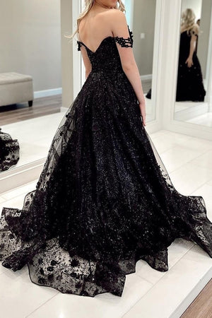 Sparkly Black A-Line Off The Shoulder Long Tulle Prom Party Dress