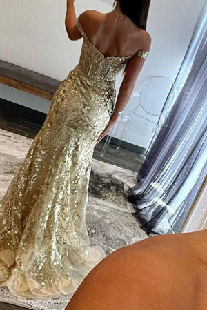 Sparkly Gold Off The Shoulder Long Mermaid Sequin Prom Dress With Split