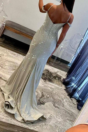 Sparkly Mermaid Grey Spaghetti Straps Long Beaded Prom Dress With Split