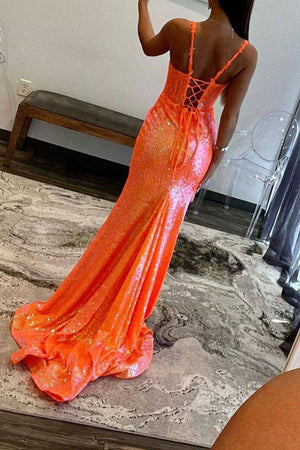 Sparkly Orange Mermaid Spaghetti Straps Long Sequin Prom Dress