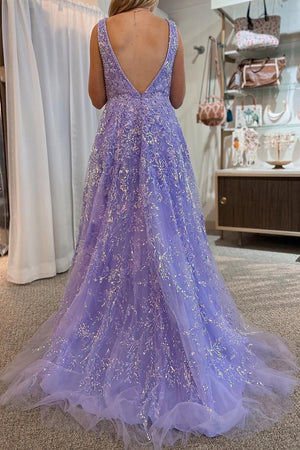 Sparkly Purple A-Line V-Neck Long Prom Dress With Appliques And Split