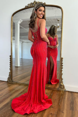 Sparkly Red Mermaid Spaghetti Straps Long Prom Dress With Split