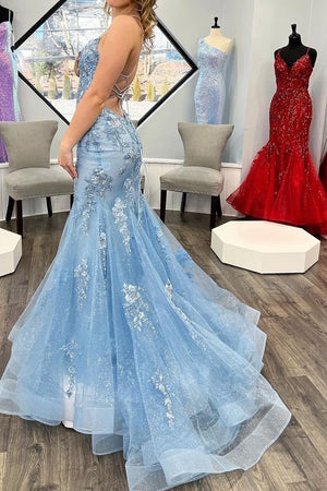 Stunning Blue Spaghetti Straps Lace Up Long Mermaid Prom Dress With Appliques
