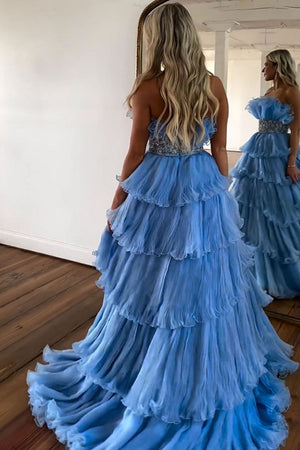 Stylish Blue A-Line Strapless Long Tiered Prom Dress With Belt