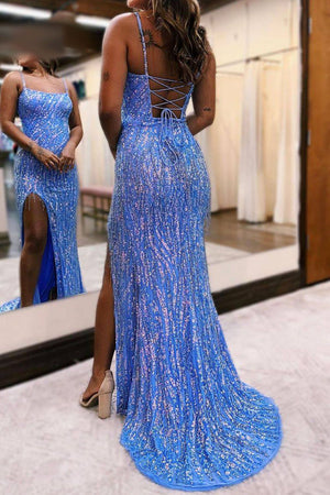 Stylish Blue Mermaid Spaghetti Straps Long Prom Dress With Fringe