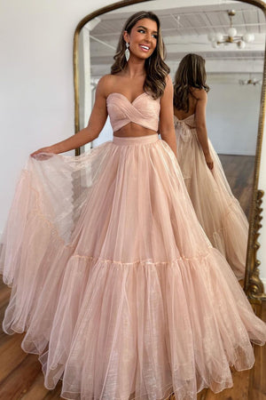 Sweet Blush A-Line Long Tulle Prom Dress With Detachable Sleeves