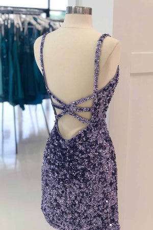 Sheath Spaghetti Straps Purple Sequin Short Cocktail Dress