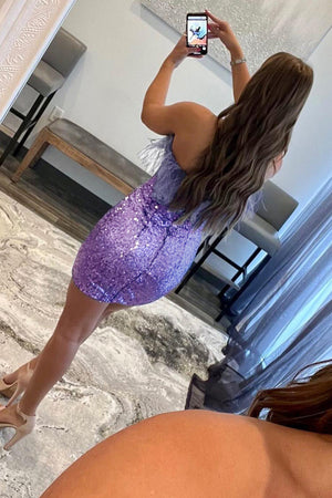 Sheath Strapless Purple Sequins Short Homecoming Dress with Feathers