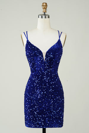 Royal Blue Sequin Bodycon Homecoming Dress With Criss Cross Back