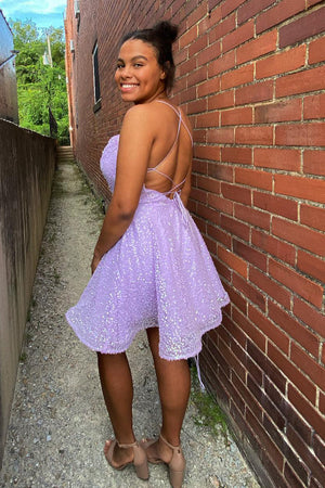 Lilac Sequins A Line Homecoming Dress with Criss Cross Back