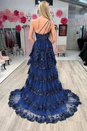 Sparkly A Line One Shoulder Navy Long Lace Prom Dress with Split