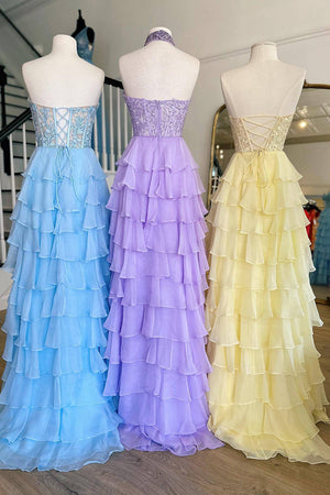 Princess A Line Halter/Sweetheart Floor Length Prom Dress with Ruffles