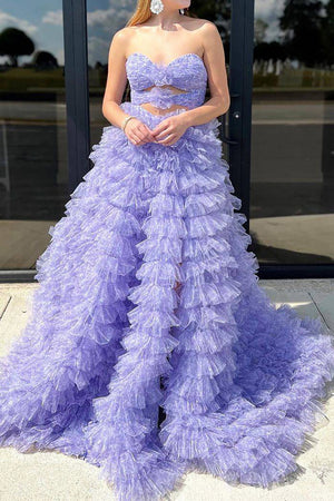 Stylish A-Line Sweetheart Purple Tulle Long Prom Dress With Split