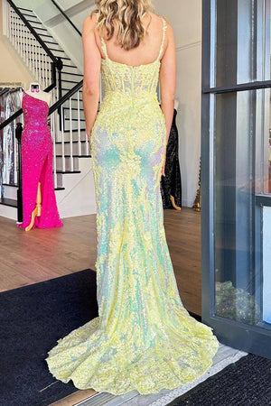 Sparkly Mermaid Square Neck Yellow Long Prom Dress with Split