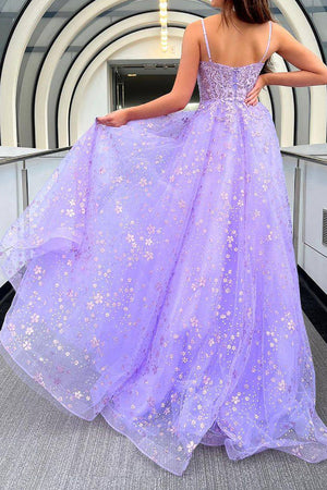 Romantic Purple A-Line Spaghetti Straps Long Prom Dress with Appliques