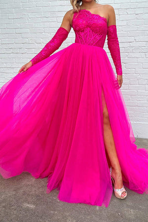 A-Line One Shoulder Hot Pink Long Prom Dress with Detachable Sleeves