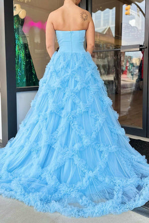 Blue Elegant A-Line Strapless Zipper Back Long Ruffle Prom Dress