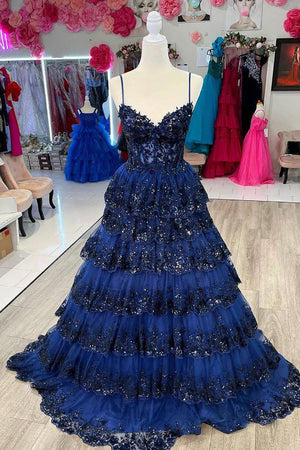 Gorgeous Glitter A-Line Spaghetti Straps Long Lace Prom Dress with Ruffles