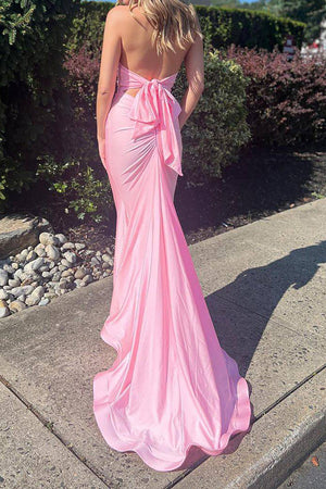 Pink Mermaid Halter Neck Long Prom Dress with Bowknot