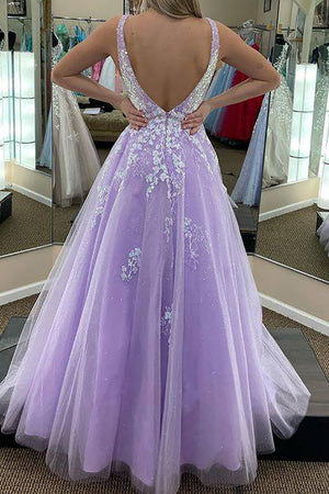 Romantic Purple A-Line Deep V Neck Long Prom Dress with Appliques