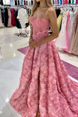Elegant Pink A-Line Sweetheart Long Prom Dress with 3D Flowers