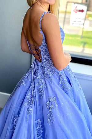 Pretty A-Line Spaghetti Straps Lace Up Long Prom Dress with Appliques