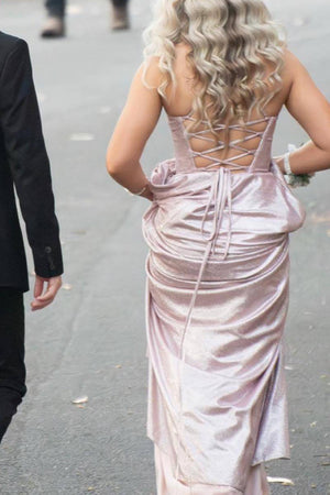 Shiny A Line Spaghetti Straps Blush Long Prom Dress with Split Front