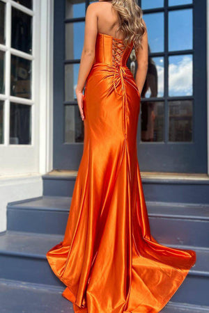 Orange Mermaid Strapless Lace Up Sweep Train Prom Dress with Split