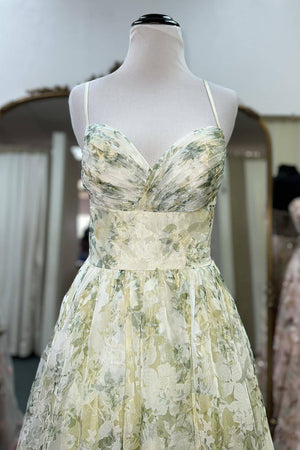 Print Fabric Pretty A-Line Spaghetti Straps Long Prom Party Dress