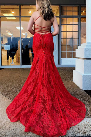 Sexy Red Spaghetti Straps Lace Up Long Mermaid Prom Party Dress