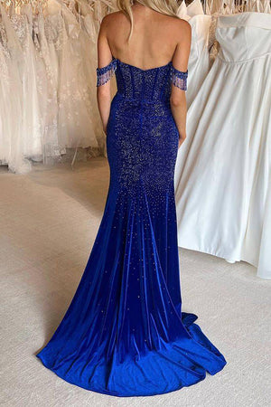 Sparkly Royal Blue Off The Shoulder Long Mermaid Prom Dress With Fringe