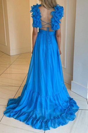 Royal Blue A-Line V-Neck Lace Up Long Tulle Prom Party Dress