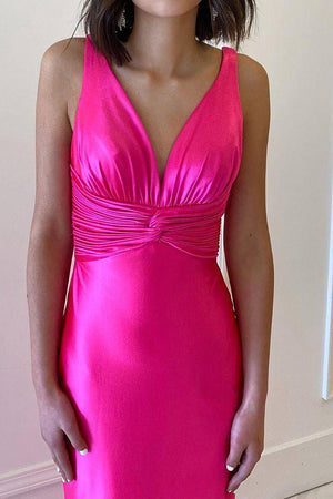 Fuchsia V-Neck Sleeveless Long Mermaid Satin Prom Party Dress