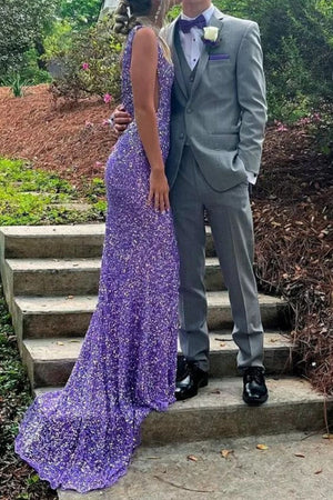 Glitter Purple V-Neck Long Mermaid Sequin Prom Party Dress