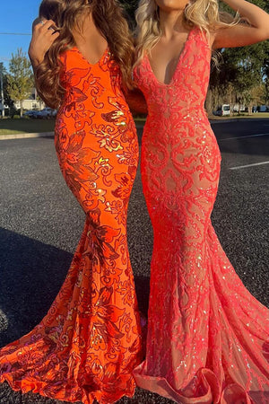 Sparkly Coral Mermaid Deep V-Neck Long Tight Prom Party Dress