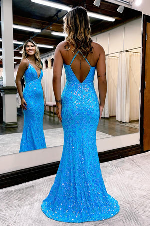 Gougeous Blue Spaghetti Straps Deep V-Neck Mermaid Prom Dress