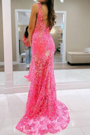 Chic Mermaid Deep V-Neck Long Lace Prom Dress with Sequin