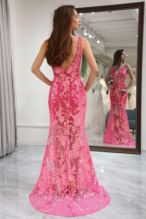Hot Pink Deep V-Neck Zipper Black Long Mermaid Prom Dress With Appliques
