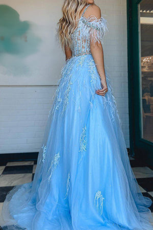 Stunning A-Line Off the Shoulder Long Prom Dress with Appliques And Feather