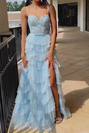 Princess A-Line Spaghetti Straps Long Ruffle Prom Dress with Split