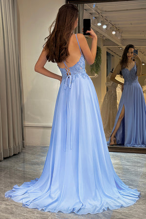 Blue A-Line Double Straps Lace Up Back Long Prom Dress With Split