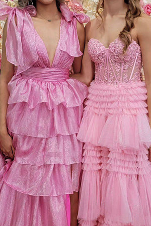 Princess A-Line Deep V-Neck Floor Length Prom Dress with Ruffles